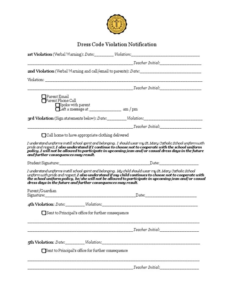 Dress Code Violation Form Dress Codes Social Institutions
