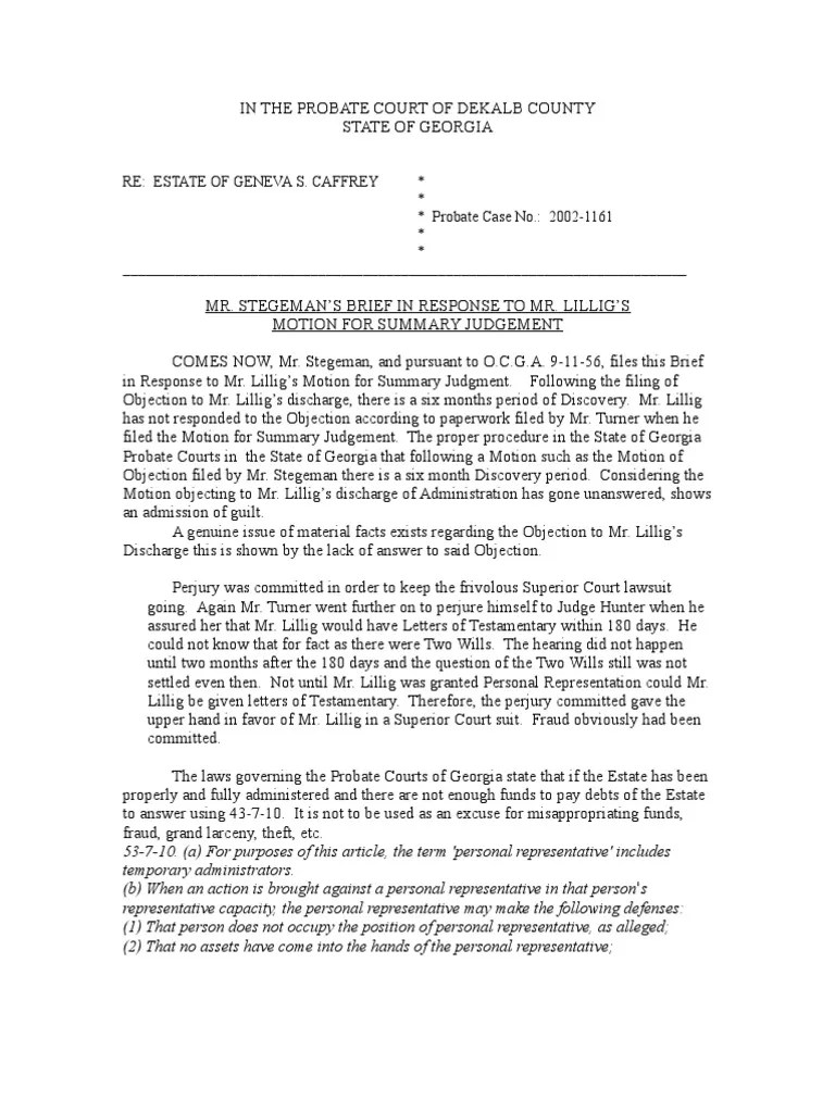 Response To Motion For Summary Judgment PDF Fiduciary Will And