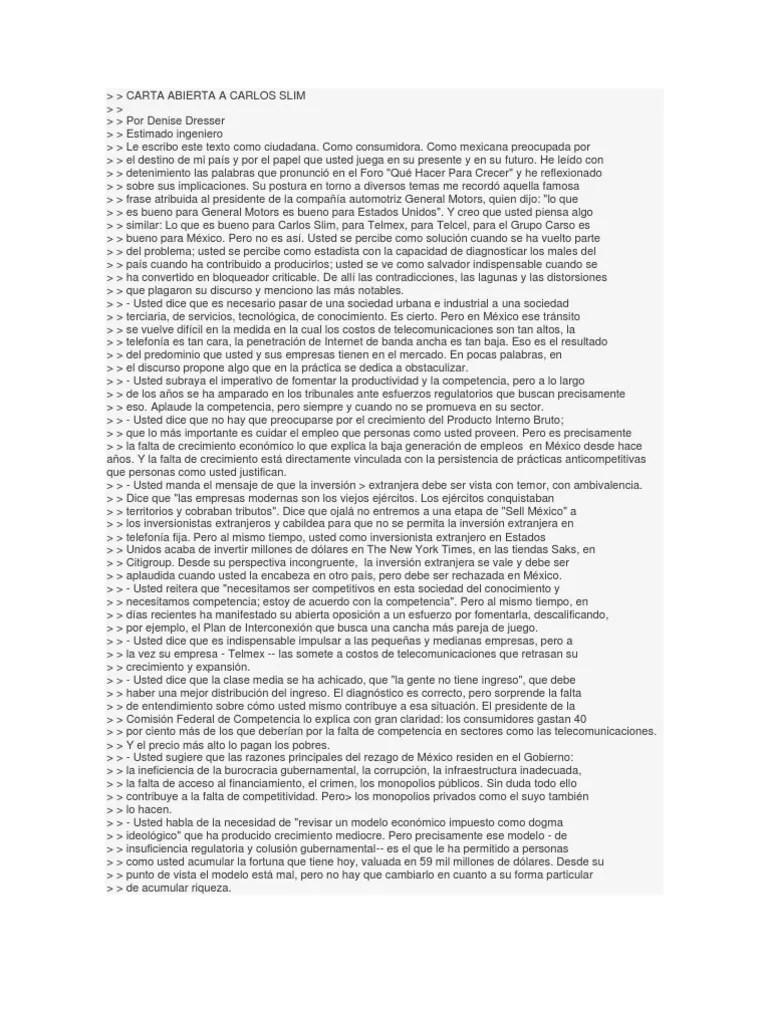 Carta Abierta a Carlos Slim Ejemplo Mexico Monopoly
