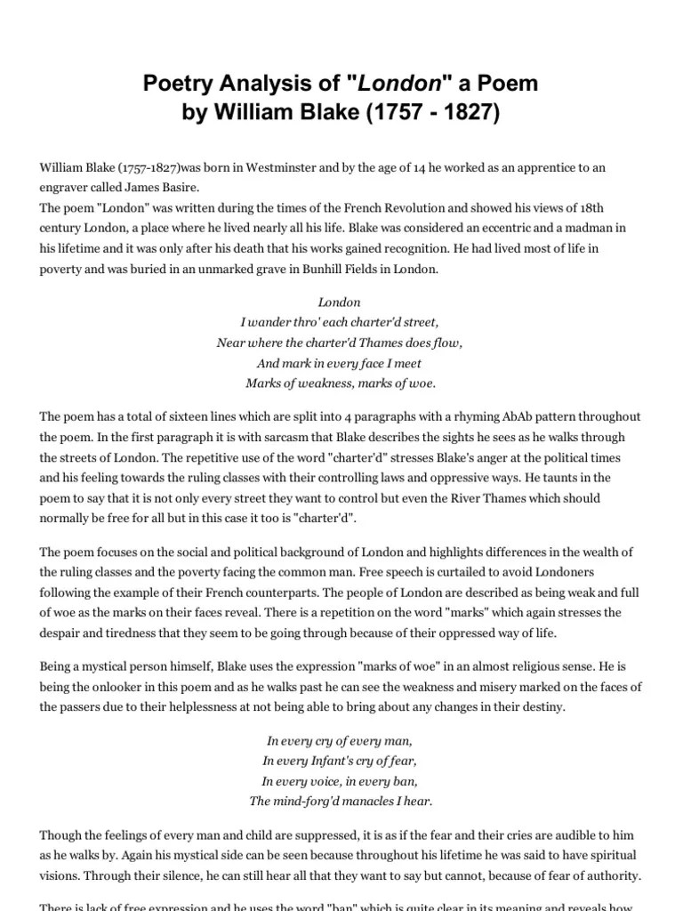 Poetry Analysis of "London" a Poem William Blake Poetry