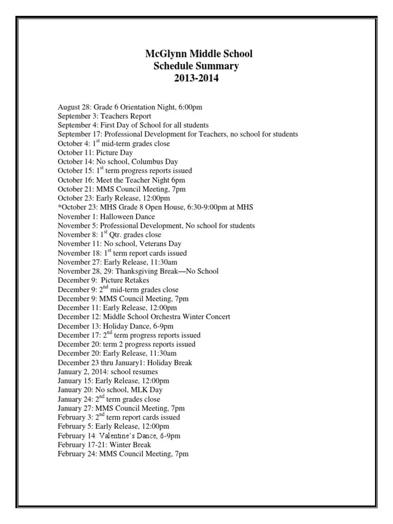 McGlynn Middle School Calendar of Events Schools Holidays