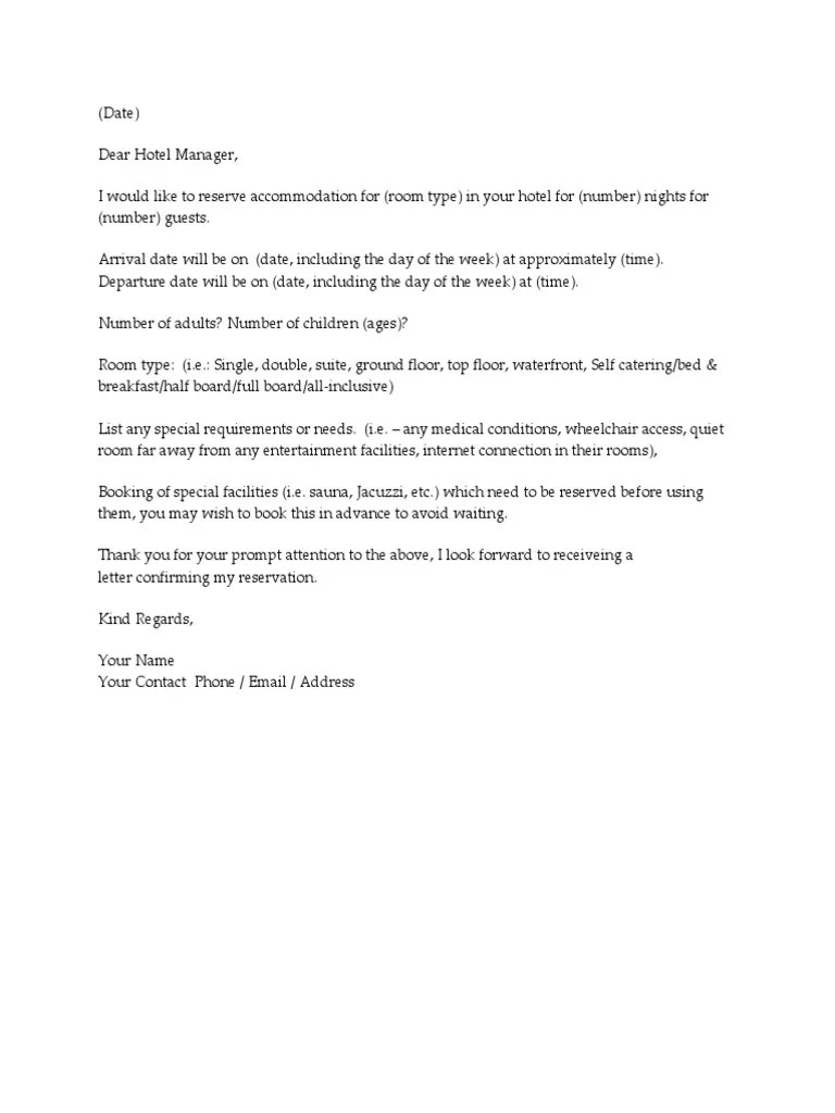 Sample Letter, Booking Hotel Hotel And