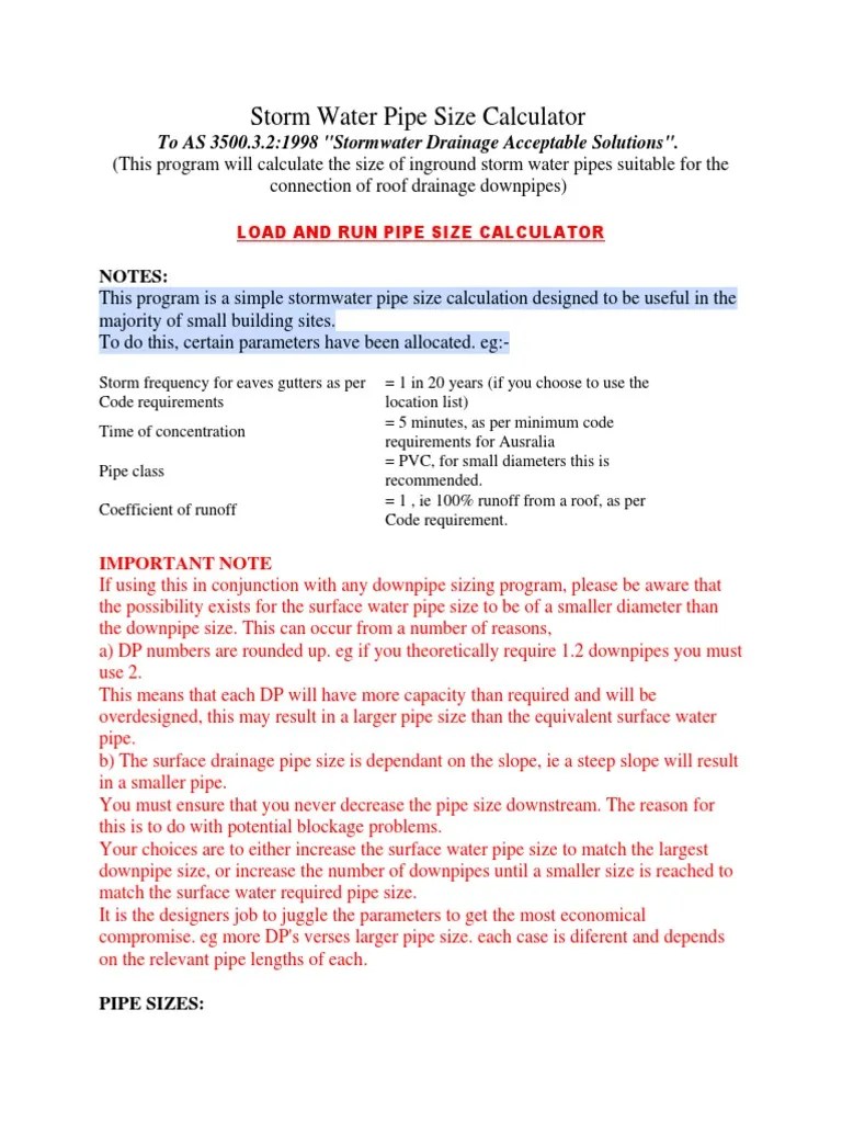 Storm Water Pipe Size Calculator Stormwater Surface Runoff