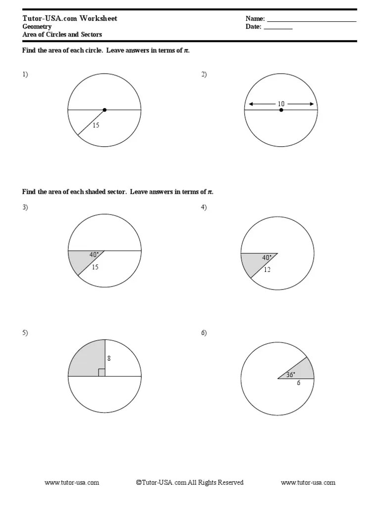 Free Geometry Worksheet Area of Circles and Sectors