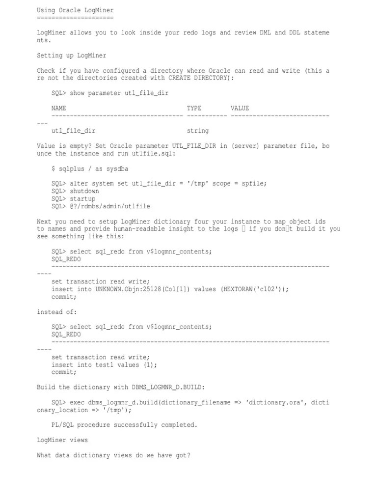 Using Oracle LogMiner Download Free PDF Oracle Database Pl/Sql