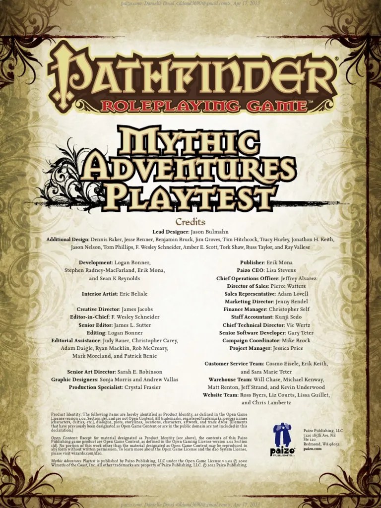 Mythic Adventures Playtest OGL PDF Role Playing Games Role Playing