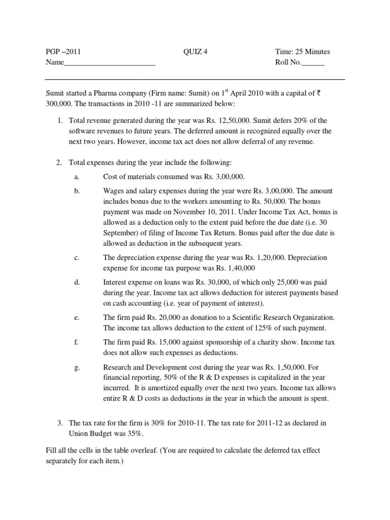 2011Quiz4deferred tax.pdf Tax In The United