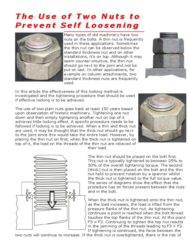 The Use of Two Nuts To Prevent Self Loosening Nut (Hardware) Screw