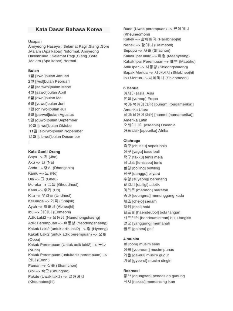 Kata Dasar Bahasa Korea | PDF