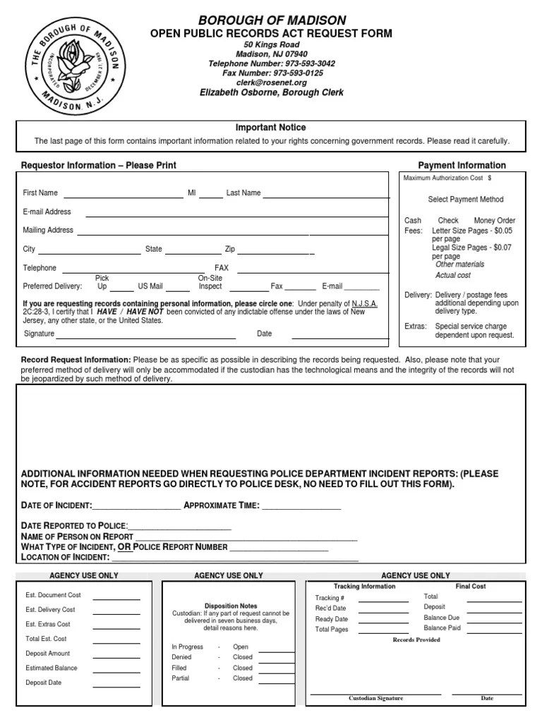 Madison OPRA Request Form Mail Fee