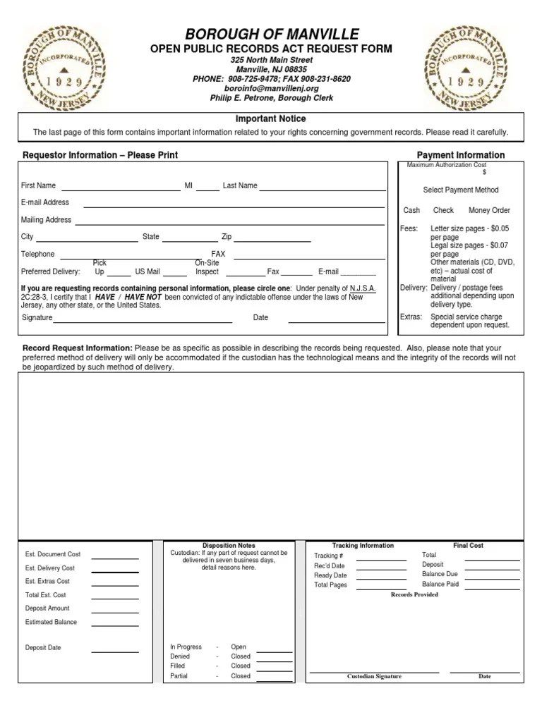 Manville OPRA Request Form Online Safety & Privacy Computer Security