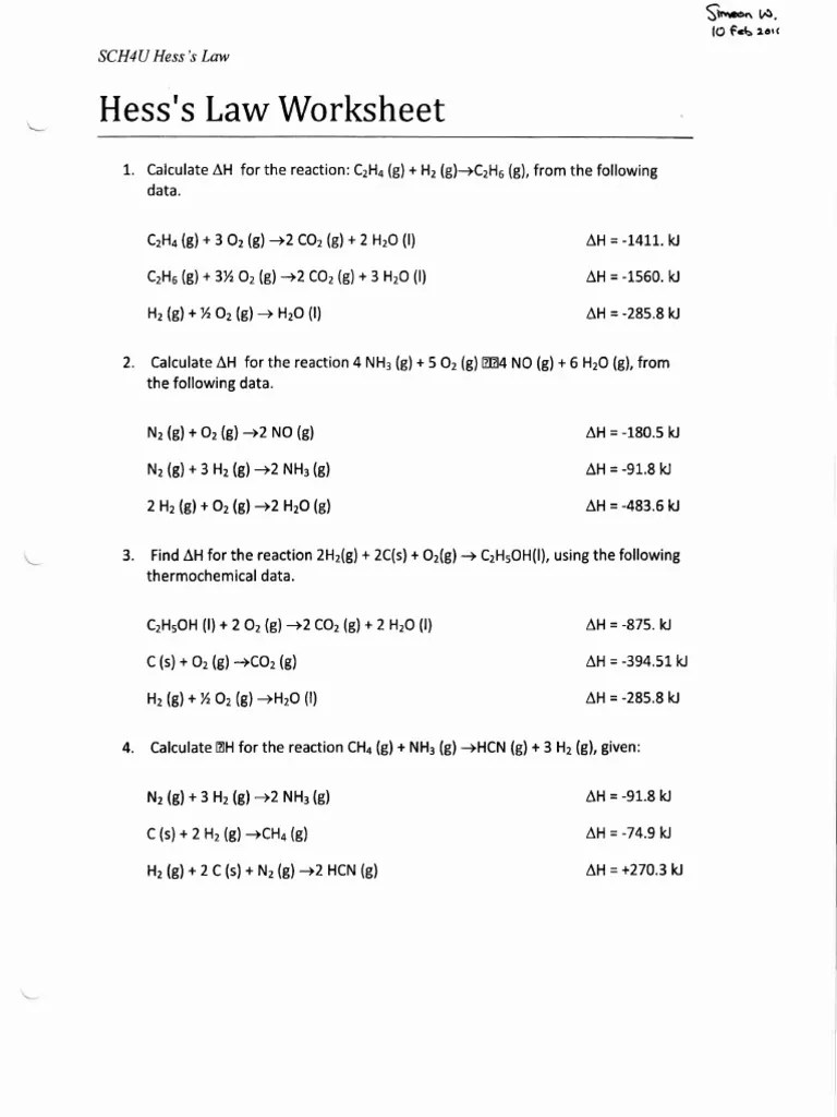 Hess Law Worksheet