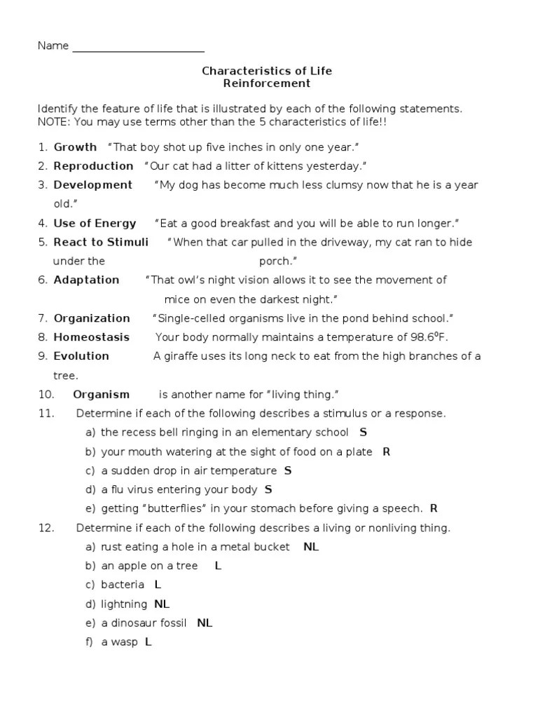 characteristics of life worksheet biology