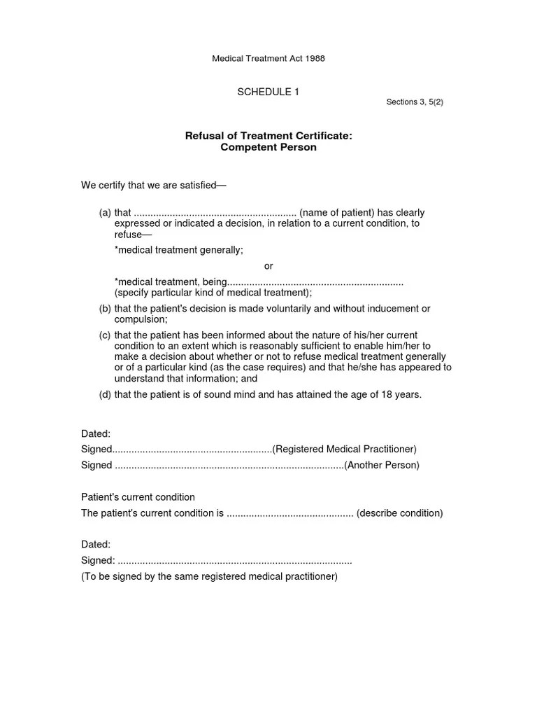 Refusal of Treatment Certificate Competent Person 071010 Patient
