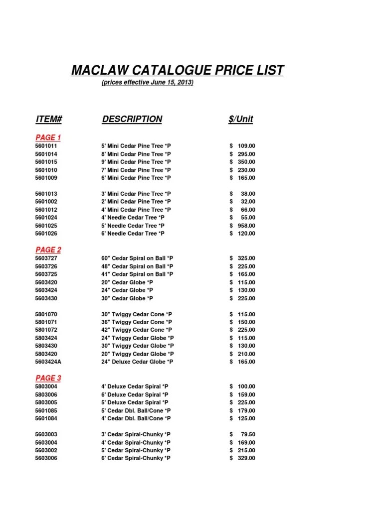 2013 Catalogue Price List With Page Numbers Prices Effective June 15