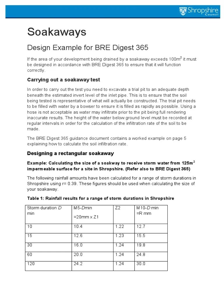 Soakaway Design Example BRE Digest 365 Earth & Life Sciences