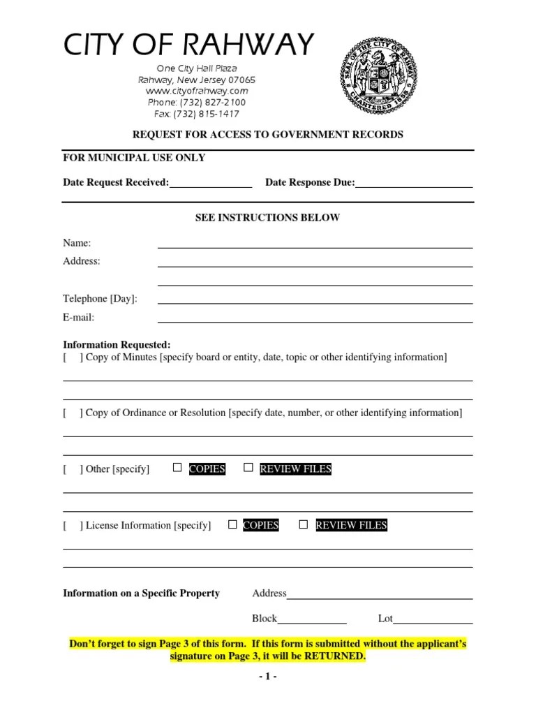 Rahway OPRA Request Form PDF Virtue Common Law