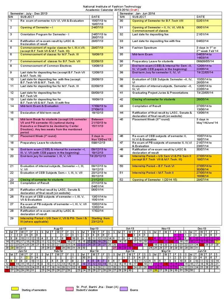 NIFT Academic Calender 20132014 Academic Term Traditions
