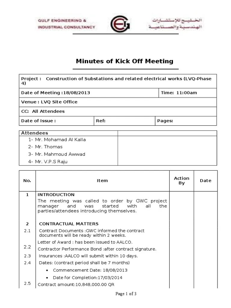 Kick Off Meeting Agenda General Contractor Business