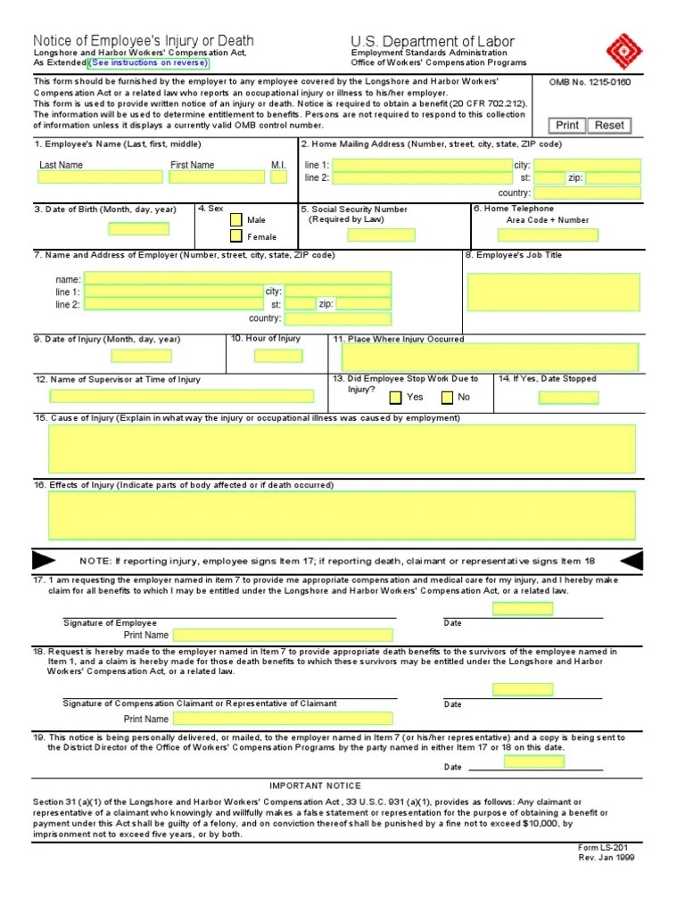 Department of Labor ls201 Workers' Compensation Employment