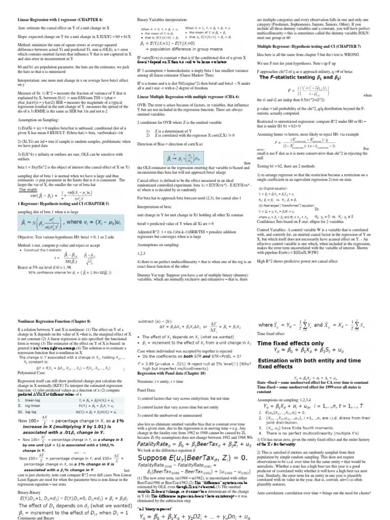 Econometrics Cheat Sheet Stock and Watson Ordinary Least Squares