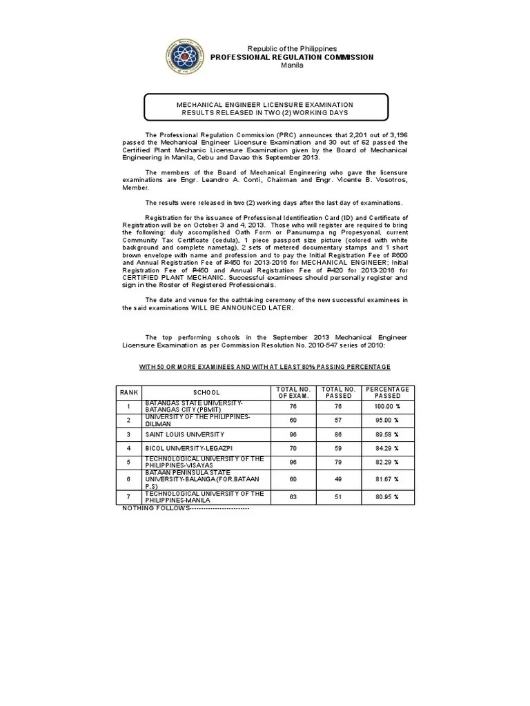 Mechanical Engineer Board exam Licensure Engineering