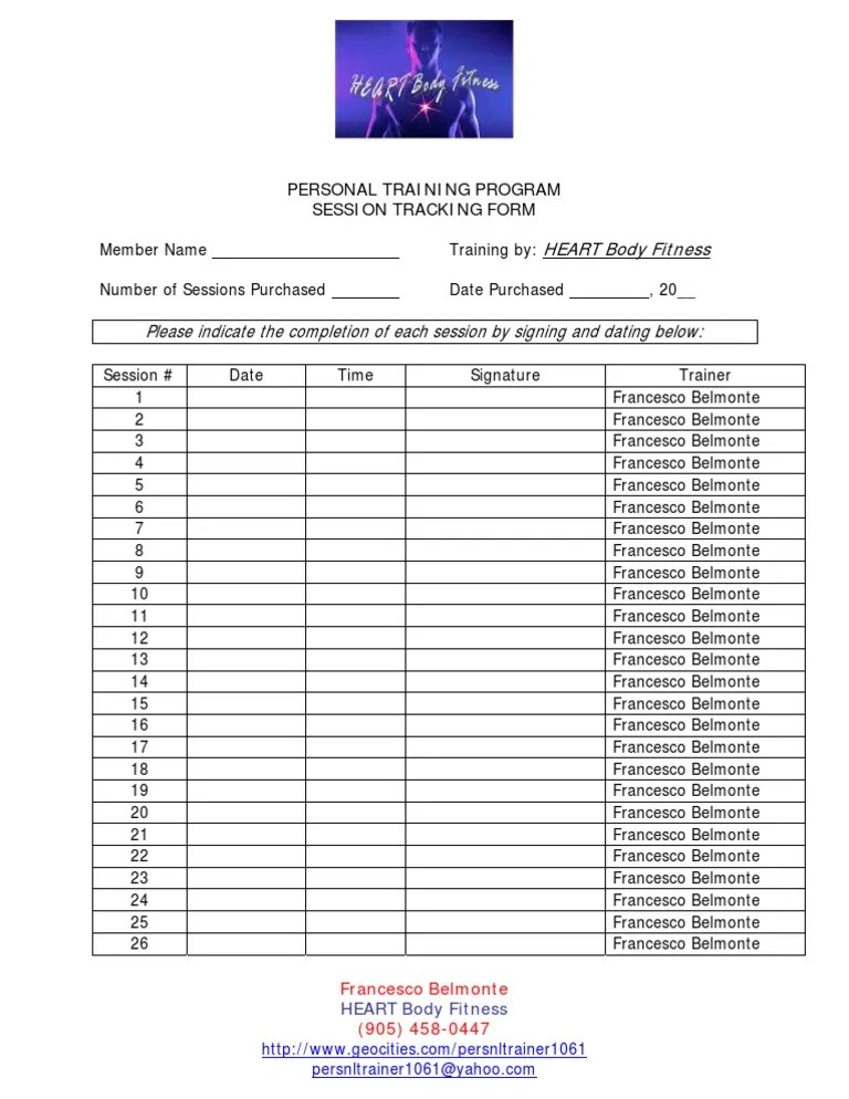 Personal Trainer Session Tracking Form Personal Trainer Human Weight