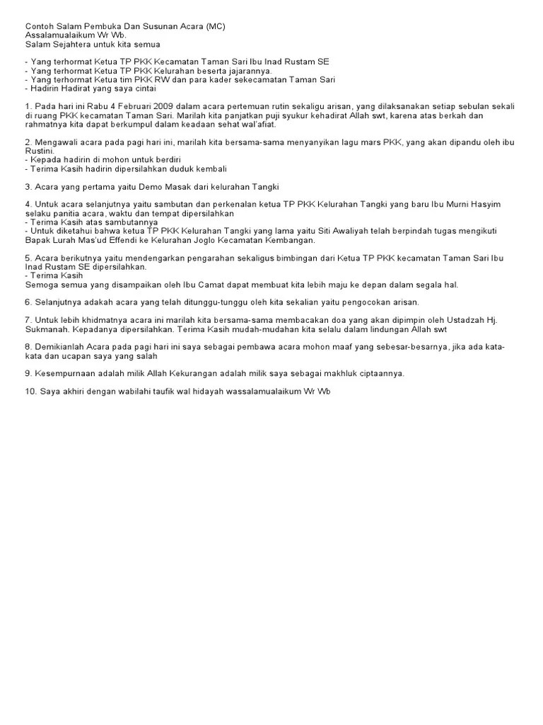 Contoh Salam Pembuka Dan Susunan Acara