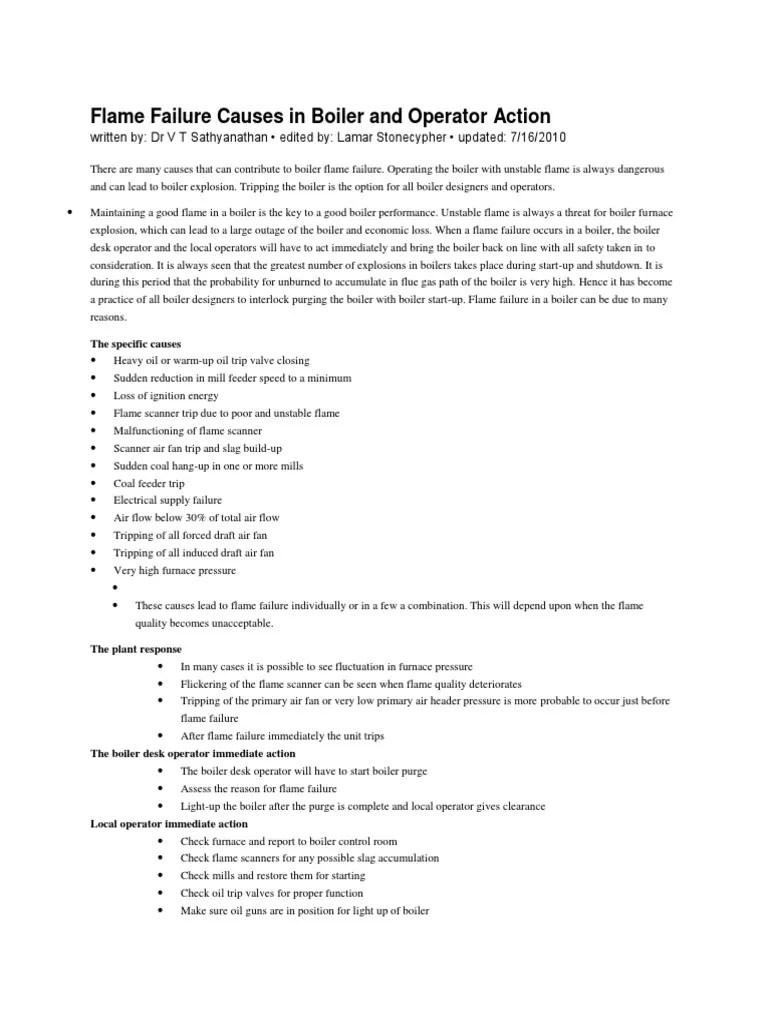 Flame Failure Causes in Boiler and Operator Action PDF Boiler