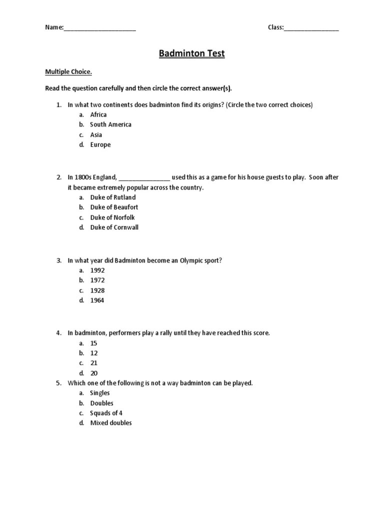 badminton test Games Of Physical Skill Sports