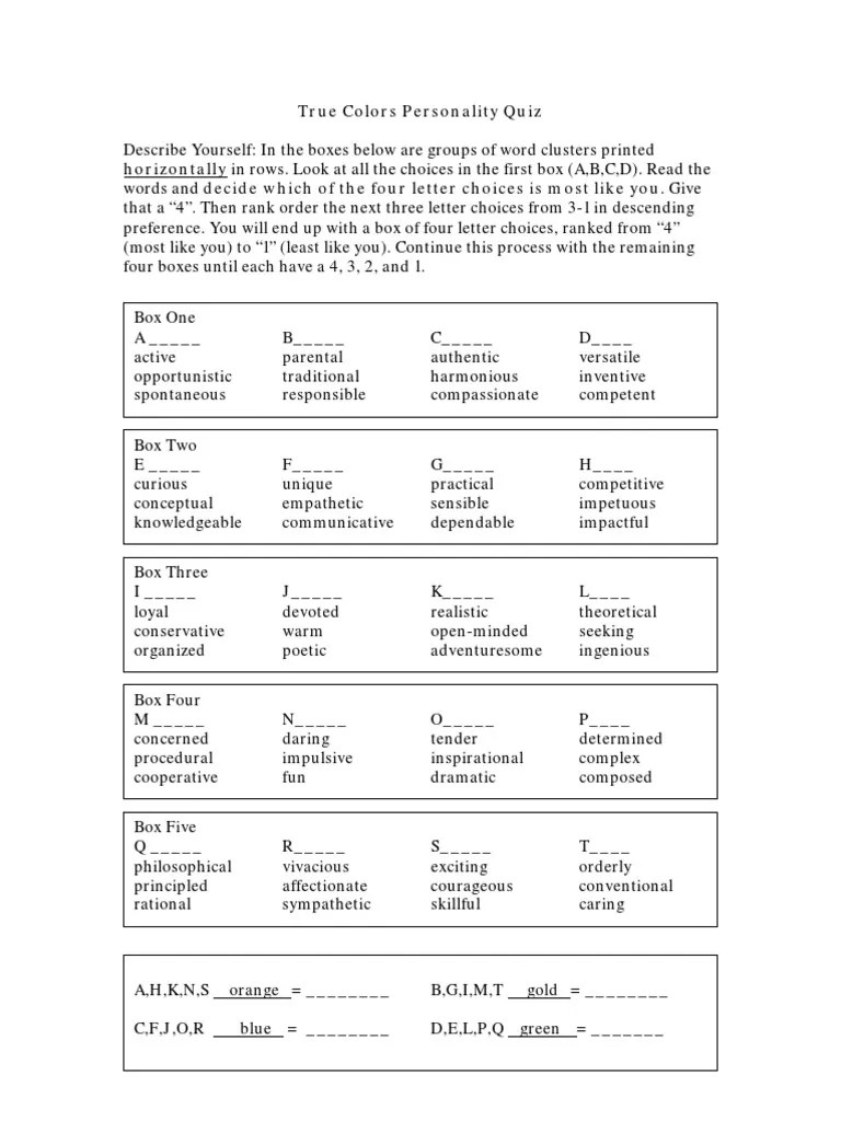 True Colors Personality Quiz PDF