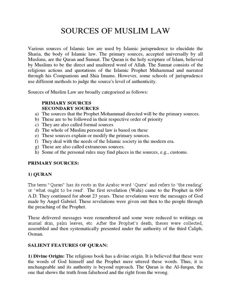 Sources of Muslim Law PDF Sharia Quran