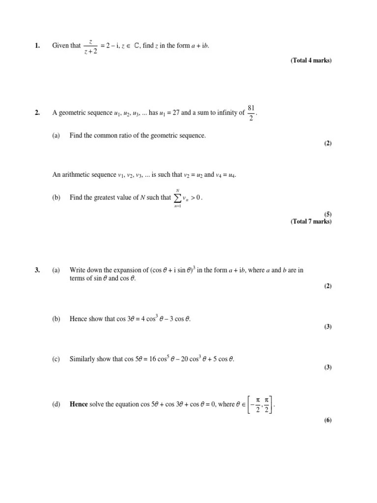 IB HL Math Algebra Paper 1 Trigonometric Functions Complex Number