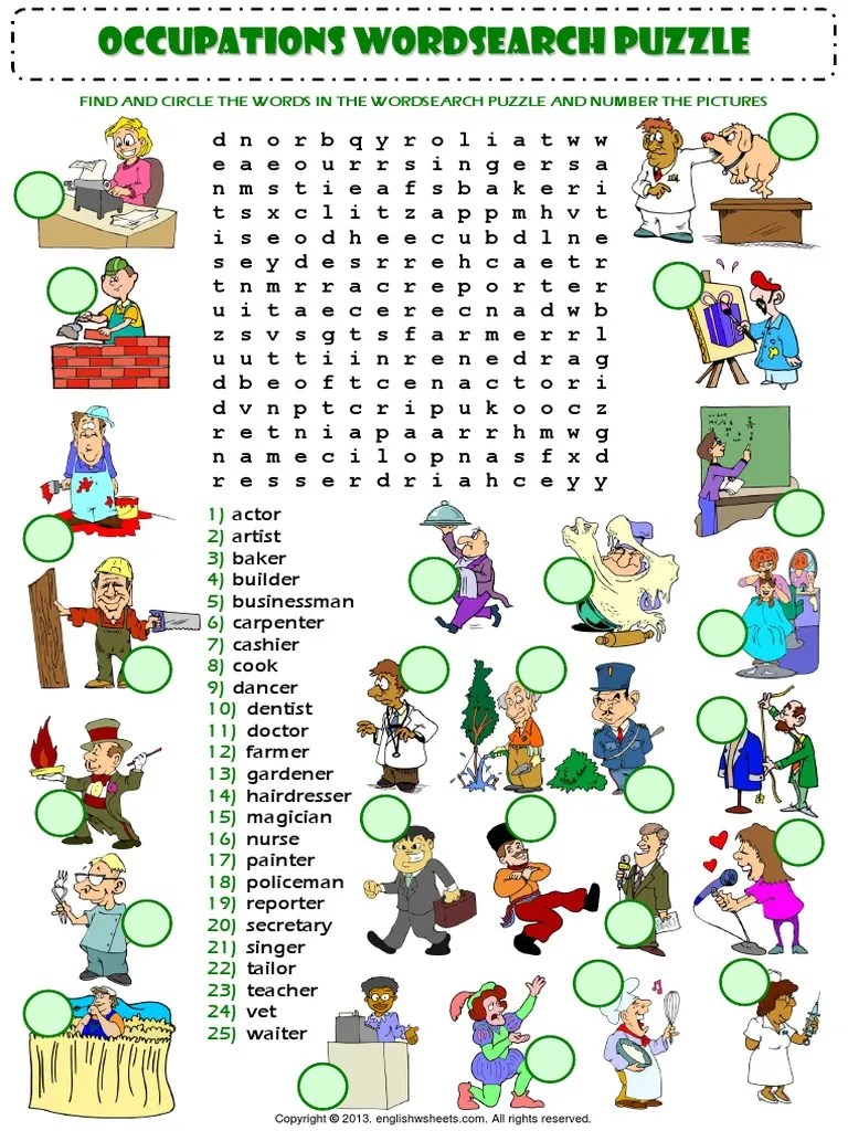 Jobs Occupations Professions Wordsearch Puzzle Vocabulary Worksheet