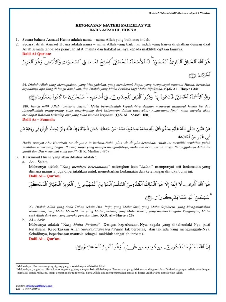 Ringkasan Materi PAI Kelas 7 Bab 3 Asmaul Husna