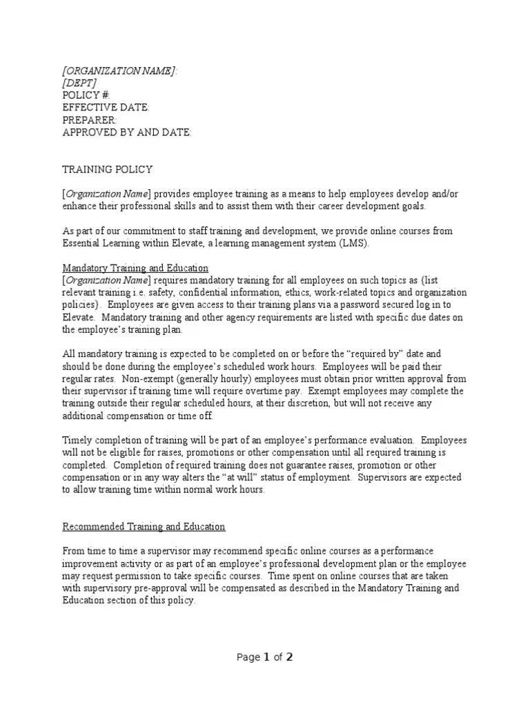 Sample Training Policy PDF Employment Educational Technology