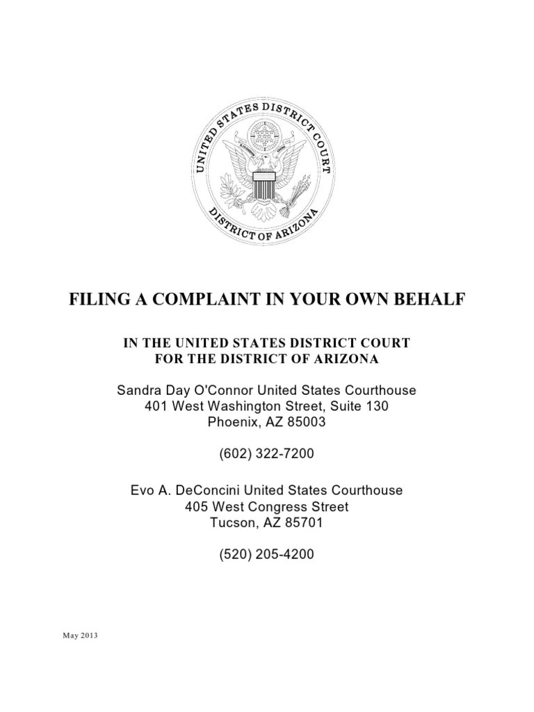 Pro Se filing in US DIstrict Court AZ Service Of Process Complaint