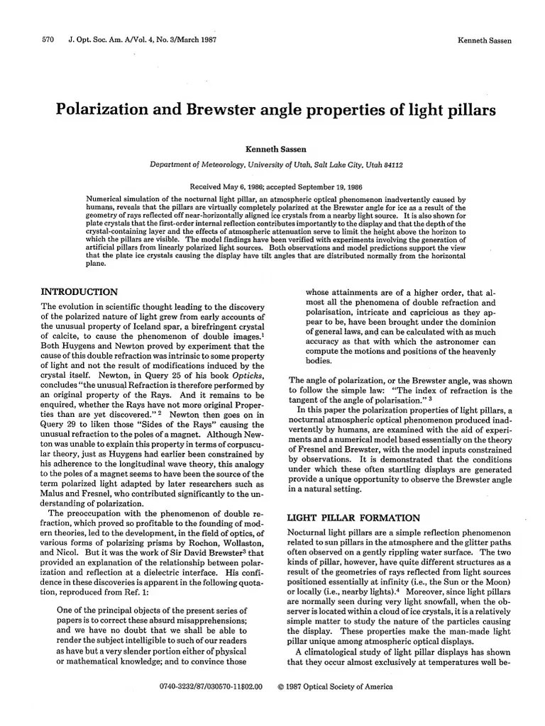Polarization and Brewster Angle Properties of Light Pillars PDF