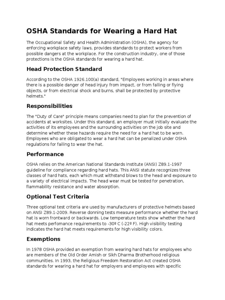 OSHA Standards for Protective Headwear Requirements, Exemptions, and