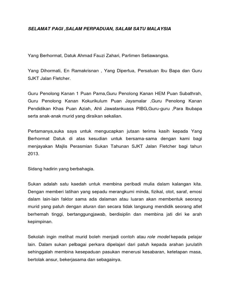 Teks Ucapan Perasmian Sukan Tahunan Sekolah Locsdra