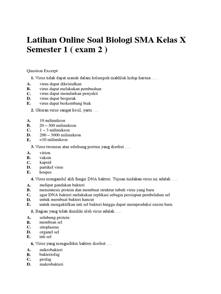 Latihan Online Soal Biologi SMA Kelas X Semester 1