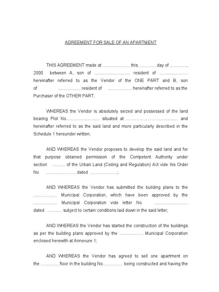 Agreement for Sale of an Apartment Deed Apartment