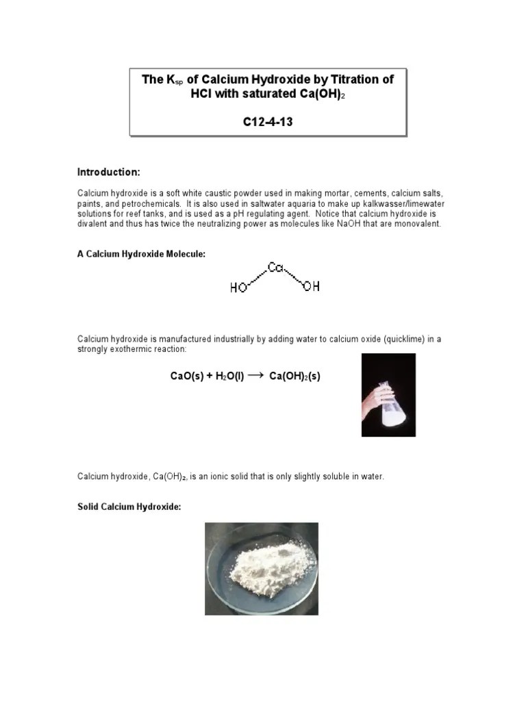 Lab 10 Solubility Product for Calcium Hydroxide