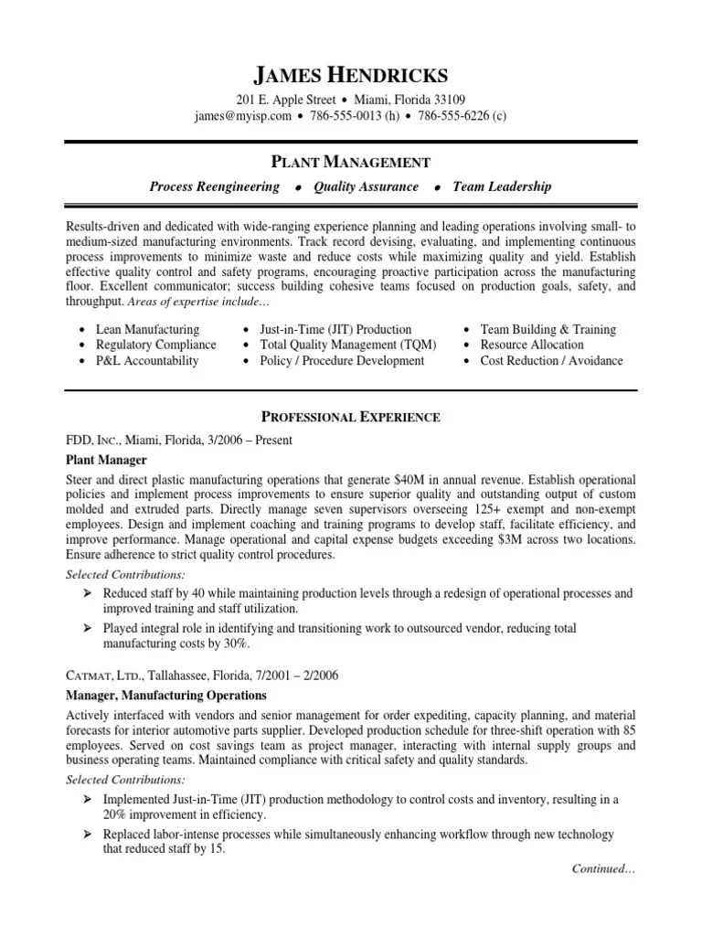 Manufacturing Plant Manager Resume Sample | Quality Management | Iso 9000