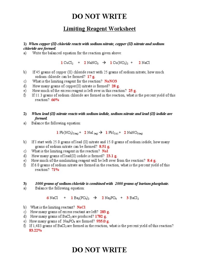 Limiting Reagent Worksheet Answers