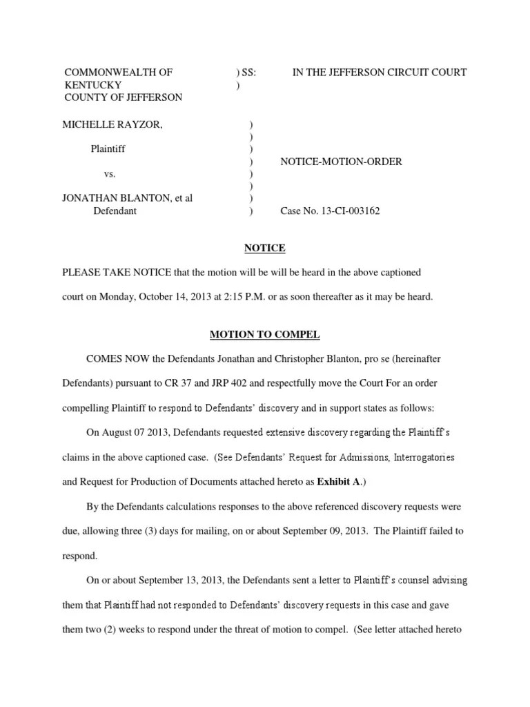 Motion to Compel Motion To Compel Discovery (Law)