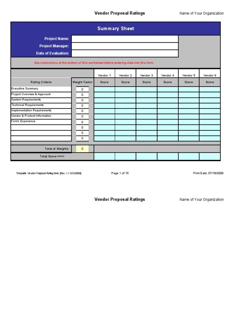 Summary Sheet Vendor Proposal Ratings