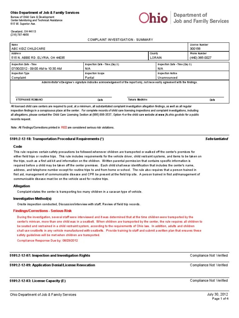 ABC Kidz 7.30.12 Inspection Child Care Relationships & Parenting