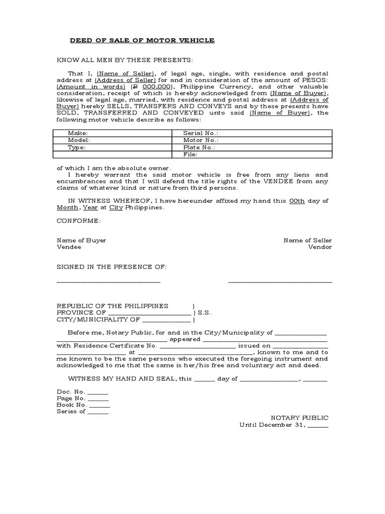 Deed of Sale of Motor Vehicle Template
