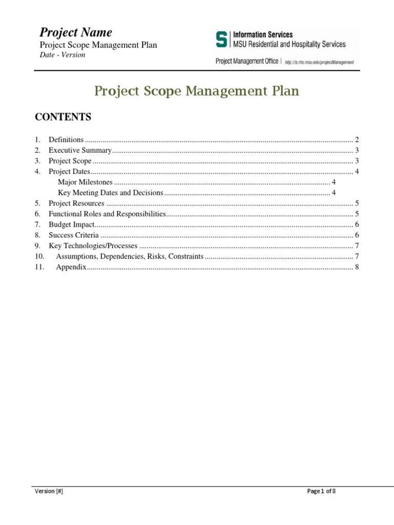 Project Scope Management Plan Template PDF Production And